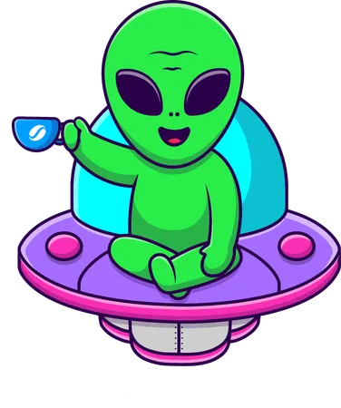 Un extraterrestre assis sur un OVNI boit une tasse de café chaud  Illustration