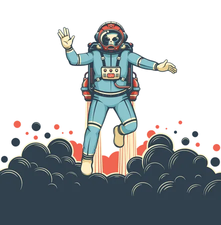 Alien astronaut with jetpack flies  Illustration