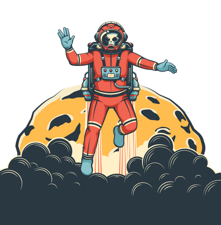 Alien astronaut with jetpack flies around moon  Illustration