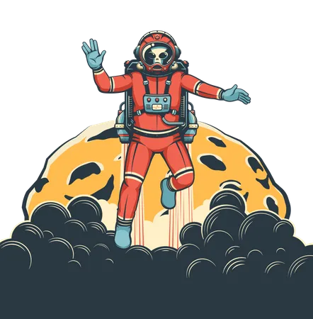 Alien Astronaut With Jetpack Flies Around The Moon Vector Image Spaceman In Space Suit With Vulcan Salute Gesture Retro Space Poster Illustration