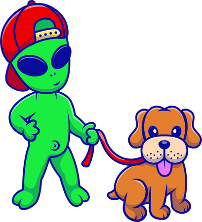 Alien brincando com cachorro  Ilustração