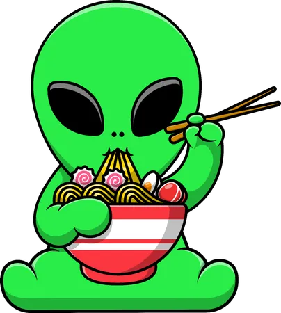 Extraterrestre comiendo fideos ramen  Ilustración