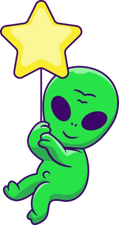 Alien Floating With Star Balloon  Illustration