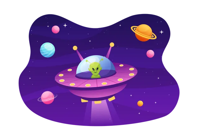 Alien flying in UFO  Illustration
