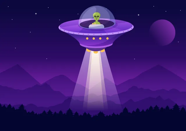 UFO Flying Spaceship With Rays Of Light In Sky Night City View And Alien In Flat Cartoon Hand Drawn Templates Illustration UFO Flying Spaceship With Flying Saucer Over The City Sky Abducts Human Or Animals In Flat Cartoon Illustration Illustration