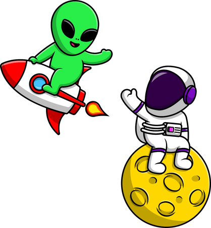 Alien Flying Rocket With Astronaut On Moon  Illustration