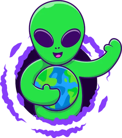 Alien In Black Hole Holding Globe  Illustration