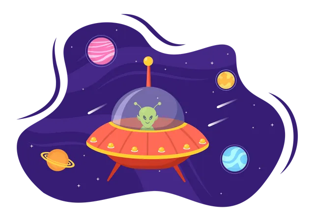 UFO Flying Spaceship With Rays Of Light In Sky Night City View And Alien In Flat Cartoon Hand Drawn Templates Illustration UFO Flying Spaceship With Flying Saucer Over The City Sky Abducts Human Or Animals In Flat Cartoon Illustration Illustration