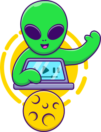 Alienígena jogando laptop com a lua  Ilustração