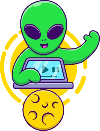 Alienígena jogando laptop com a lua  Ilustração