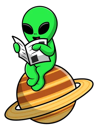 Alien lendo jornal no planeta  Ilustração