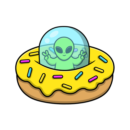 Un extraterrestre chevauchant un beignet avec une main de paix  Illustration