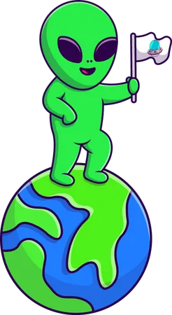 Alien On Earth Holding Flag  Illustration