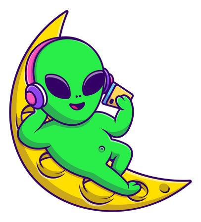 Alien ouvindo música com fone de ouvido e celular na lua  Ilustração