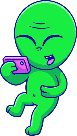 Alien Playing Handphone  Illustration