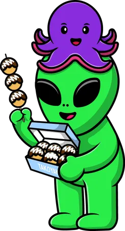 Alien segurando caixa de takoyaki com polvo  Ilustração