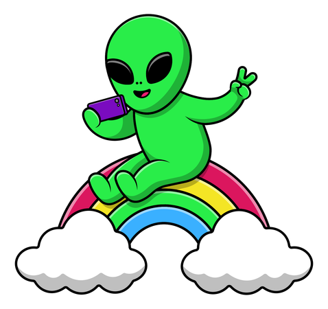 Alien Selfie With Phone On Rainbow  Illustration