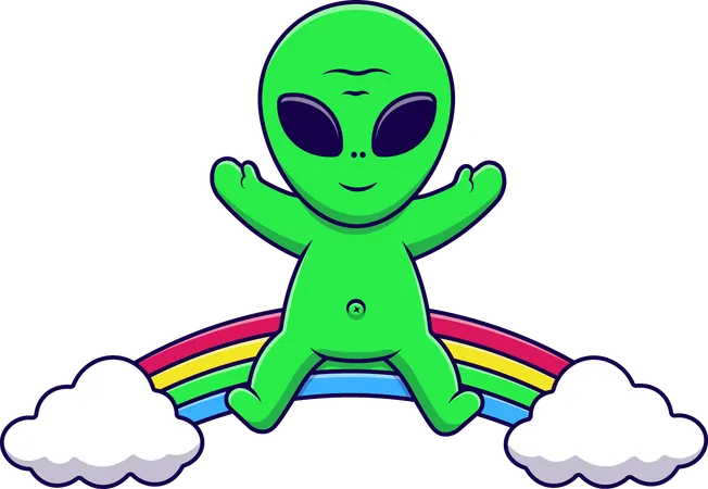 Alien Sitting On Rainbow Cloud  Illustration