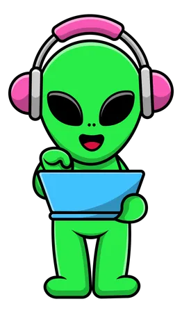 Alien trabalhando em laptop com fone de ouvido  Ilustração