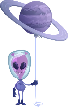 Alien with planet balloon  Illustration