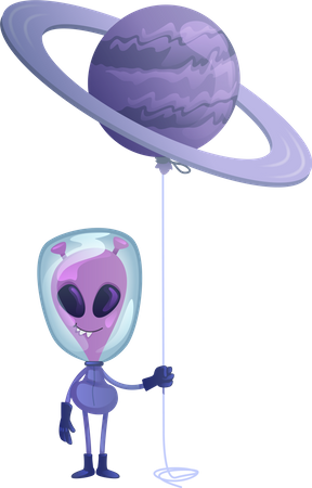 Alien con globo planeta  Ilustración