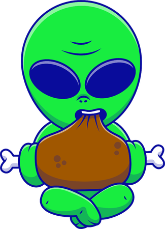 Alienígena sentado e comendo carne  Ilustração