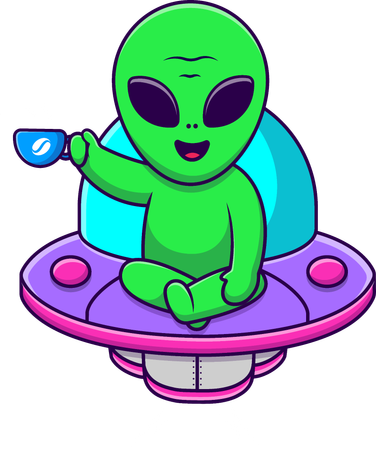 Alienígena sentado em OVNI bebe xícara de café quente  Ilustração