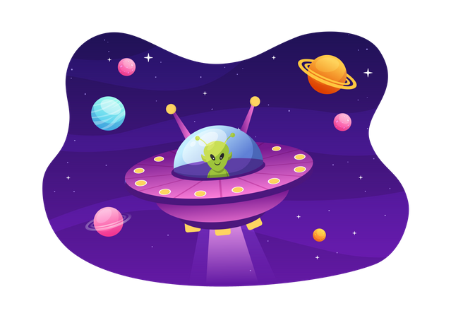 Extraterrestre volando en OVNI  Ilustración