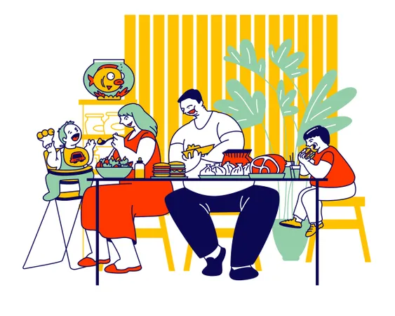 Familia poco saludable comiendo comida rápida  Ilustración