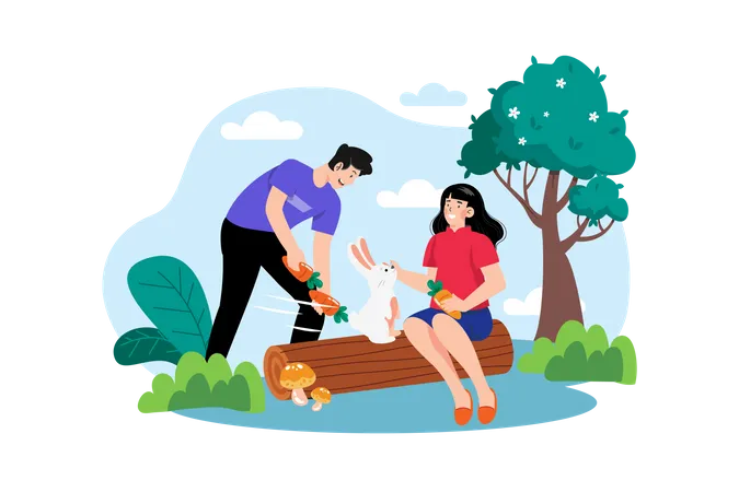 Couple nourrissant un petit lapin  Illustration