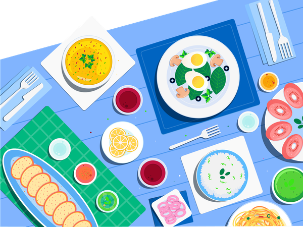 Alimentos en la mesa  Ilustración
