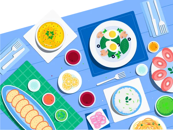 Alimentos na mesa  Ilustração