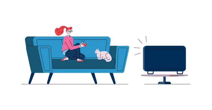 Alleinstehende junge Frau mit Katze, die sich nach dem Arbeitstag zu Hause ausruht und fernsieht  Illustration