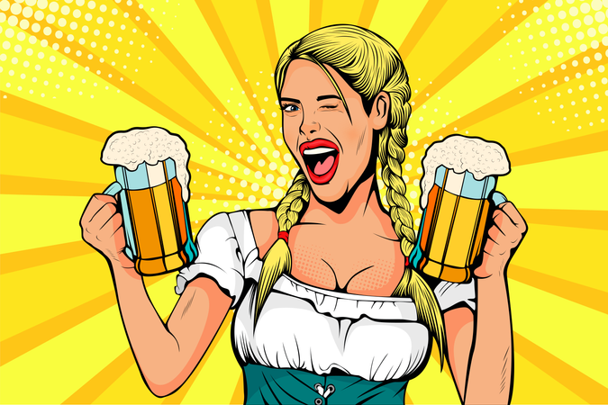 Allemagne Fille serveuse porte des verres à bière  Illustration
