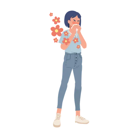 Allergy To Flowers Concept Allergic Woman With Pollen Allergy Illustration