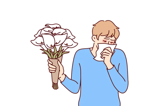 Allergic man holding bouquet flowers and using handkerchief suffering from pollen  Illustration