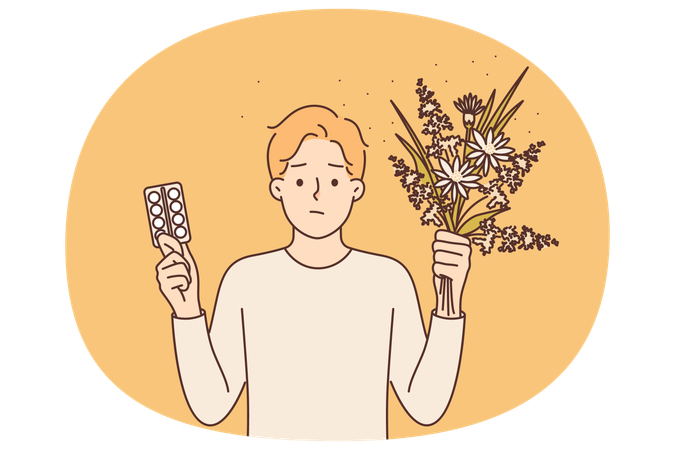 開花植物の花粉によって引き起こされる免疫障害を治療するために花と薬を持っているアレルギーの男性  イラスト