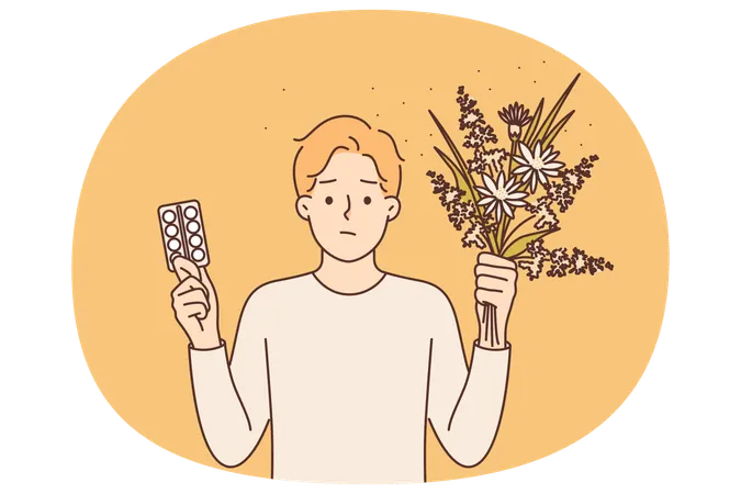 Allergic man with flowers and pills to treat immune problems caused by pollen from flowering plants  Illustration