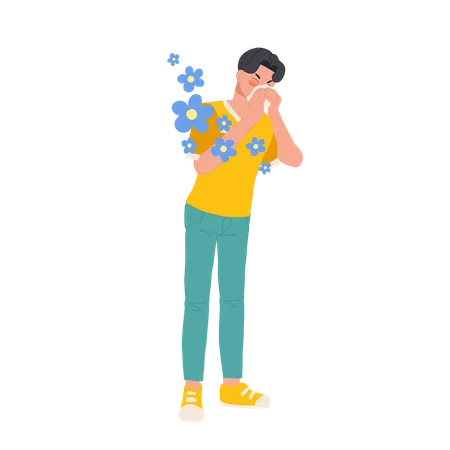 Allergy To Flowers Concept Allergic Man With Pollen Allergy Illustration