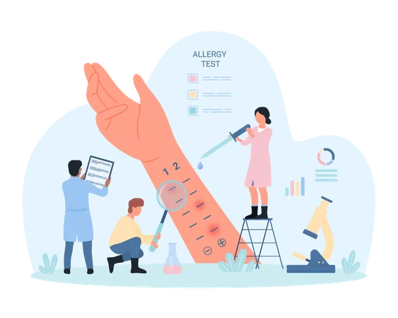 Allergy Test On Patients Skin Vector Illustration Cartoon Tiny People Holding Pipette To Drop On Human Arm Doctors Allergists With Magnifying Glass Research Allergic Reaction At Hospital Examination Illustration