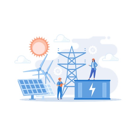 Almacenamiento de energía en baterías de una central de energía solar y eólica renovable  Ilustración