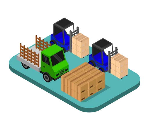 Vehículos de almacenamiento para mover cajas de tarjetas.  Ilustración