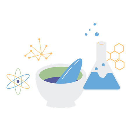 Almofariz e pilão de laboratório com frasco e produto químico  Ilustração