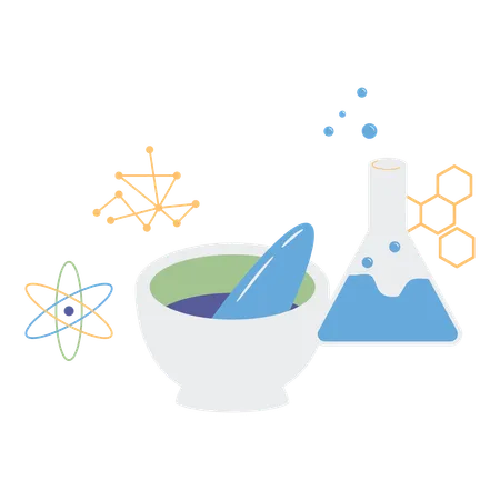 Almofariz e pilão de laboratório com frasco e produto químico  Ilustração