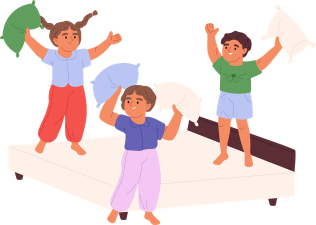 Los niños pelean con almohadas en la cama.  Ilustración