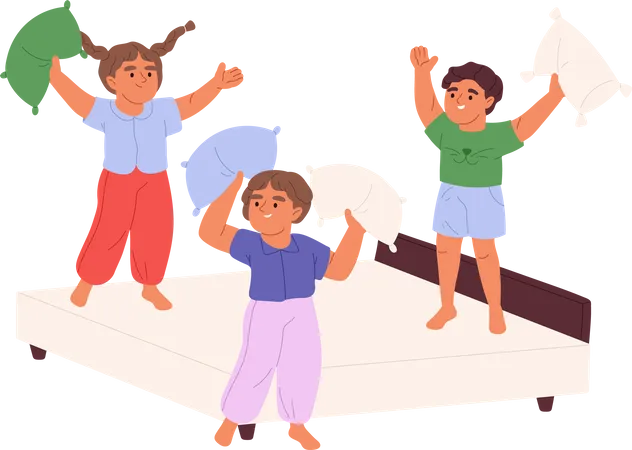 Los niños pelean con almohadas en la cama.  Ilustración