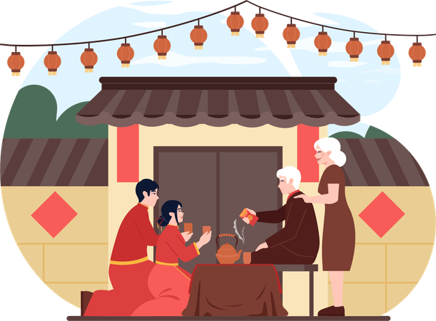 Almuerzo chino hecho por la familia.  Ilustración
