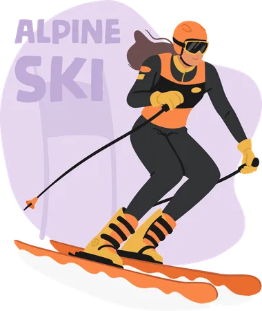 Alpine Skiing Thrilling Winter Sport Athlete Female Character Zooming Down Snowy Slopes Carve Through The Mountains Navigating Twists And Turns Embracing The Icy Rush With Skill And Speed Illustration