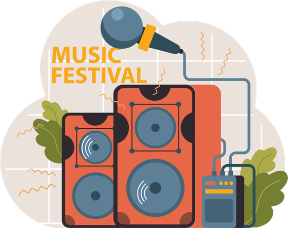 Altavoz y micrófono de música en festival de música.  Ilustración