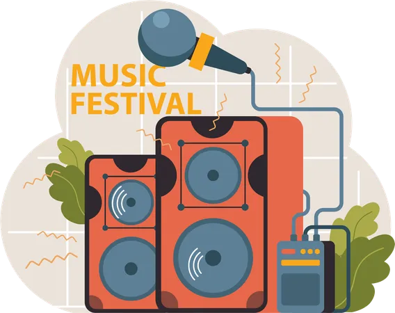 Altavoz y micrófono de música en festival de música.  Ilustración